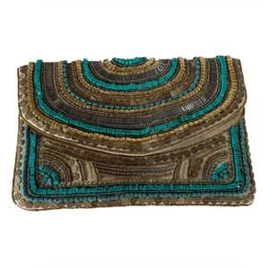 Antik Craft Canvas Turquoise and Gold Beaded  Clutch